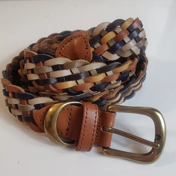 Genuine Leather Woven Belt Guatemala Handmade Brass Tone Buckle Size M/L - Picture 3 of 10